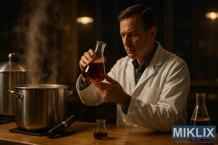 Brewmaster i hvit frakk undersøker Midnight Wheat Malt i kolbe ved siden av vannkokere og bryggeverktøy.
