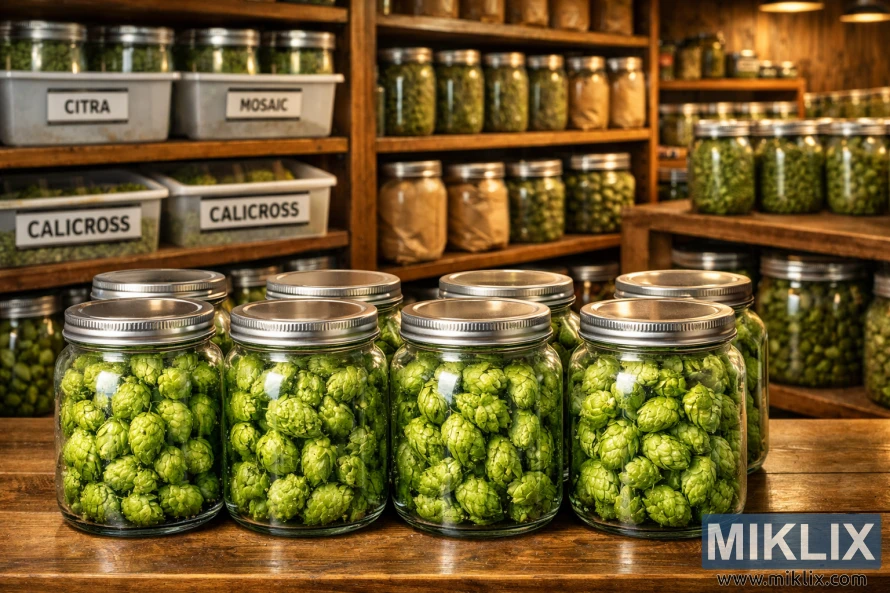 Neatly arranged glass jars filled with bright green Calicross hop cones sit on a wooden table, with labeled hop bins and shelves behind them under warm ambient lighting.