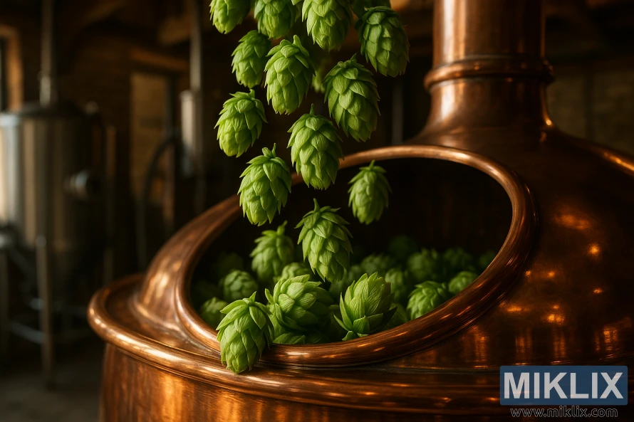 Fersk Melba-humle faller ned i en kobberbryggekjele, og de grønne kjeglene gløder under varmt lys i et tradisjonelt bryggeri.