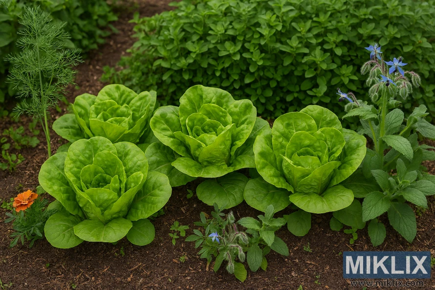 Lettuce growing with dill, marigold, borage, and oregano in a garden bed