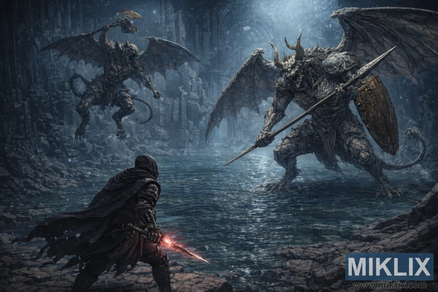 സിയോഫ്ര അക്വെഡക്റ്റിന്റെ വെള്ളപ്പൊക്ക അവശിഷ്ടങ്ങളിൽ രണ്ട് ഭീമാകാരമായ വാലിയന്റ് ഗാർഗോയിലുകൾക്ക് അഭിമുഖമായി പിന്നിൽ നിന്ന് കാണുന്ന ടാർണിഷഡിന്റെ ഇരുണ്ട ഫാന്റസി ആർട്ട്.