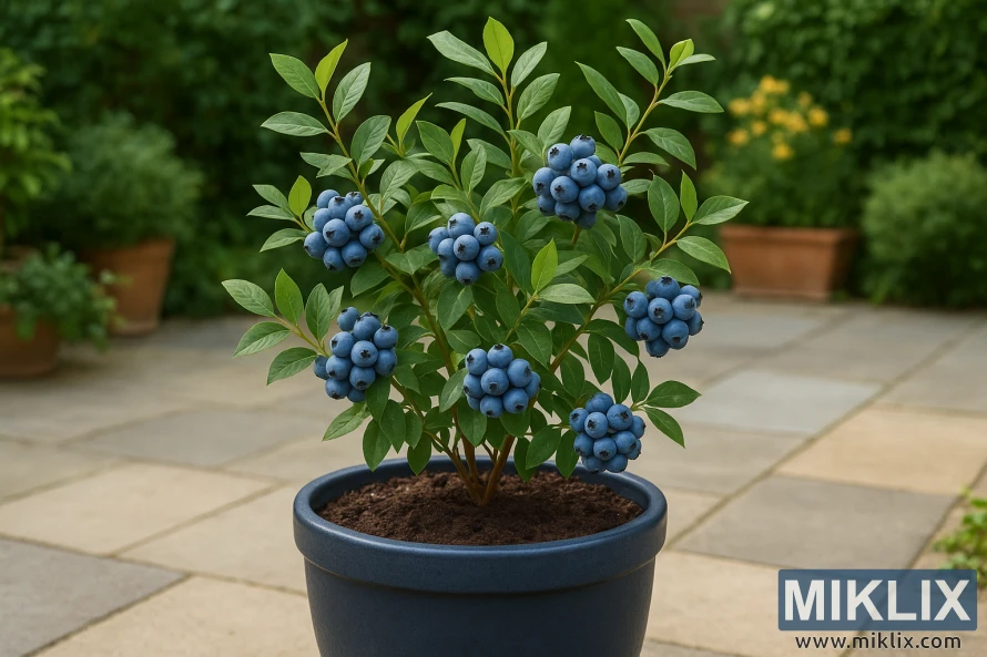 A healthy blueberry plant with ripe berries growing in a large blue ceramic pot on a sunny patio surrounded by greenery.