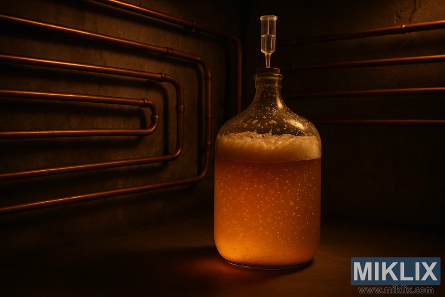 A glowing glass carboy filled with actively fermenting saison beer in a dimly lit fermentation chamber lined with copper pipes. A glowing glass carboy filled with actively fermenting saison beer in a dimly lit fermentation chamber lined with copper pipes.