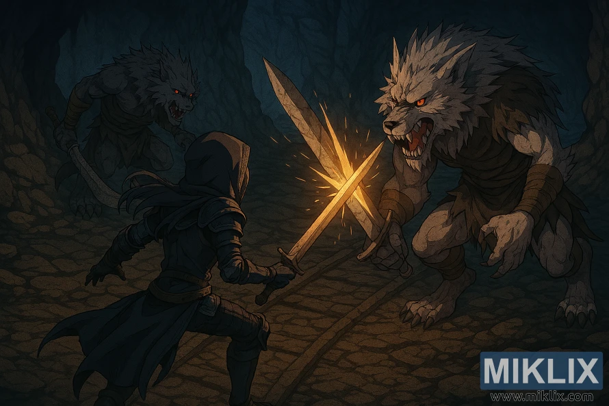 Anime-style isometric image of the Tarnished fighting two Beastmen of Farum Azula in Dragonbarrow Cave