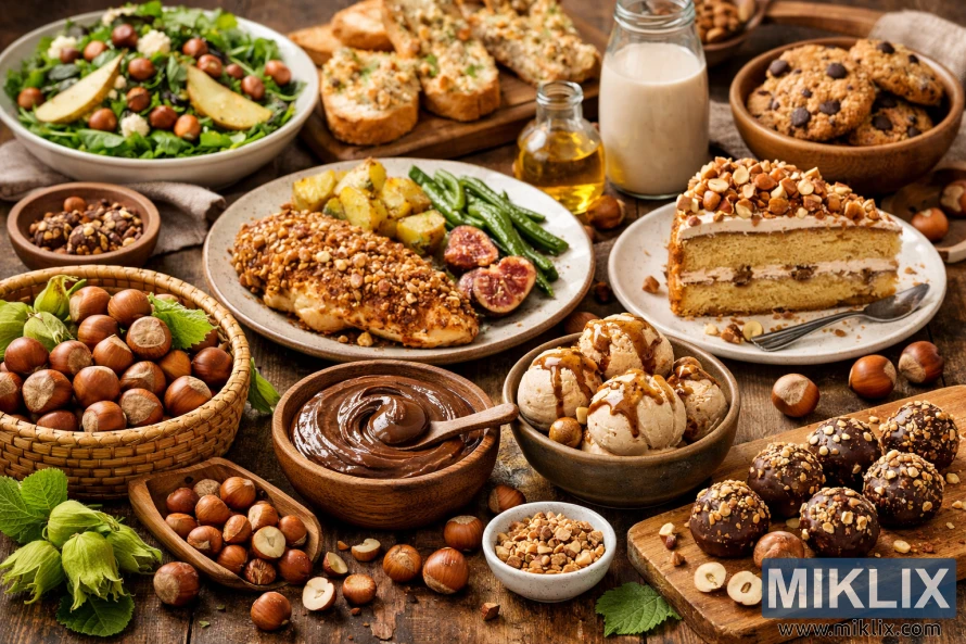 సలాడ్లు, ప్రధాన వంటకాలు, డెజర్ట్‌లు మరియు స్ప్రెడ్‌లలో ఉపయోగించే తాజాగా పండించిన హాజెల్ నట్‌లను ప్రదర్శించే గ్రామీణ పట్టిక, వంటలో వాటి బహుముఖ ప్రజ్ఞను హైలైట్ చేస్తుంది.