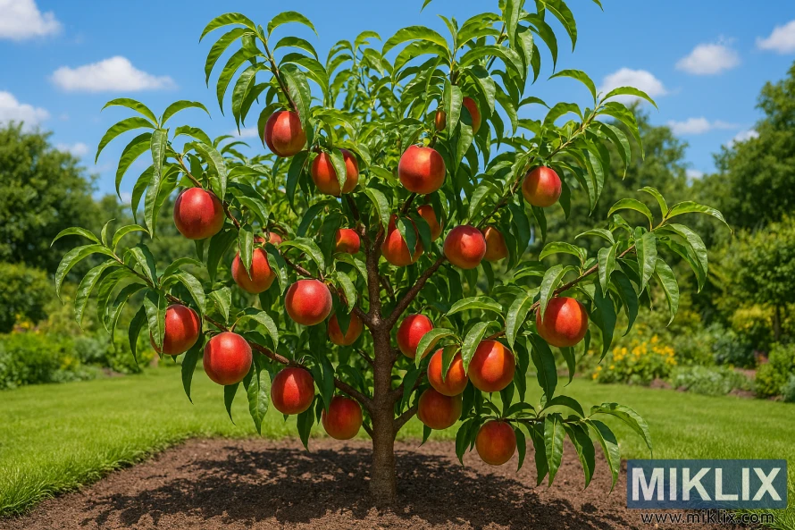 Healthy nectarine tree with ripe fruit in a well-kept summer garden
