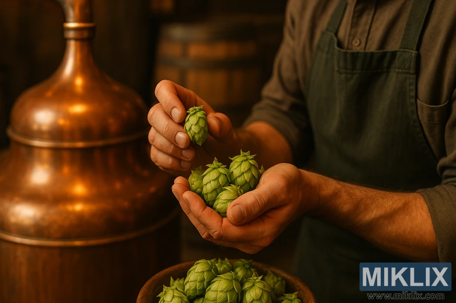 వెచ్చని వెలుతురులో నేపథ్యంలో ఓక్ బారెల్స్ ఉన్న రాగి కెటిల్ దగ్గర బ్రూవర్ తాజా సస్సెక్స్ హాప్లను చేతితో తనిఖీ చేస్తాడు. వెచ్చని వెలుతురులో నేపథ్యంలో ఓక్ బారెల్స్ ఉన్న రాగి కెటిల్ దగ్గర బ్రూవర్ తాజా సస్సెక్స్ హాప్లను చేతితో తనిఖీ చేస్తాడు.