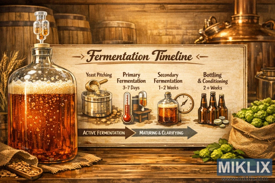Illustrated beer fermentation timeline showing a glass vessel with bubbling amber beer, yeast activity, and brewing stages inside a warm brewery.