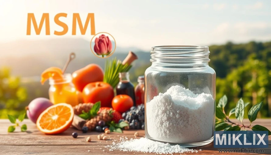 উষ্ণ আলোতে প্রাকৃতিক উপাদানে ভরা MSM পাউডারের কাচের বয়াম এবং নির্মল ভূদৃশ্য।