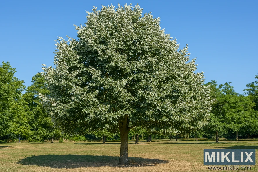 Sølvlind med sølvryggede blader i en tørr hage omgitt av prydgress og stauder