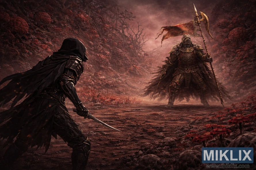 Dark fantasy illustration of the Tarnished seen from behind in Black Knife armor confronting the towering Commander O’Neil in the rot-choked Swamp of Aeonia moments before battle.