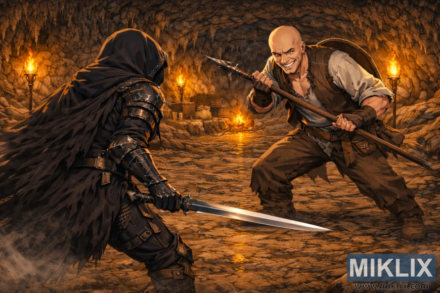 Anime fantasy scene of the Tarnished seen from behind facing a larger Patches with a spear in a torch-lit cave before combat.