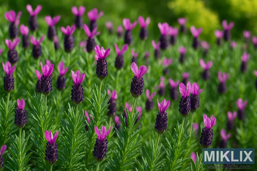 Nærbillede af fransk lavendel med dyb lilla blomsteraks, klare magenta højblade og karakteristiske tandede grågrønne blade i en sommerhave. Nærbillede af fransk lavendel med dyb lilla blomsteraks, klare magenta højblade og karakteristiske tandede grågrønne blade i en sommerhave.