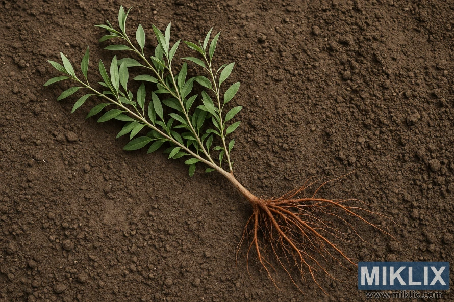 A bare root goji berry plant with green leaves and reddish-brown roots lying on dark soil.