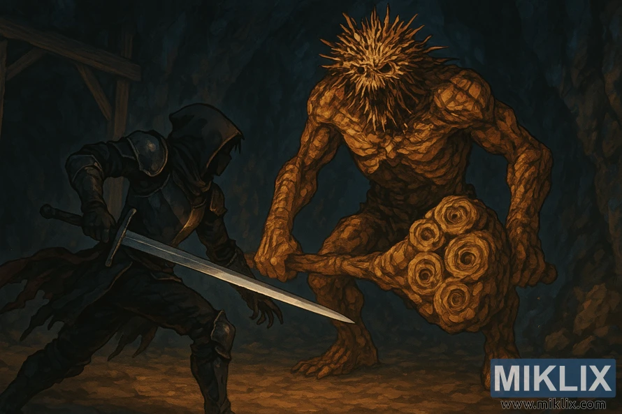 अँध्यारो भूमिगत सुरुङमा एक विशाल स्टोनडिगर ट्रोलको सामना गर्दा सिधा तरवार बोकेका टार्निश्डहरूको एनिमे शैलीको काल्पनिक कला।