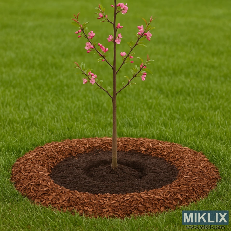 A young crabapple tree properly planted in a mulched circular bed on a lush green lawn. A young crabapple tree properly planted in a mulched circular bed on a lush green lawn.