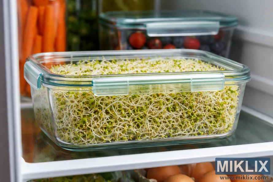 Glassbeholder fylt med friske alfalfaspirer oppbevart på en kjøleskapshylle, med annen pent organisert mat i bakgrunnen.