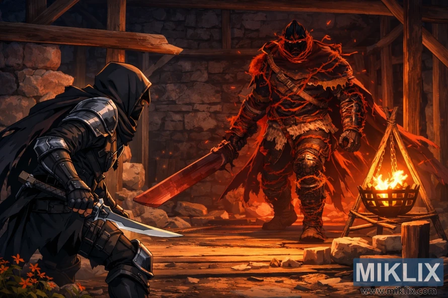 Fanúšikovská grafika Elden Ring v anime štýle zobrazujúca Poškvrneného v brnení čierneho noža čelia Zvononosnému lovcovi v Chatrči bojovníka tesne pred začiatkom boja.