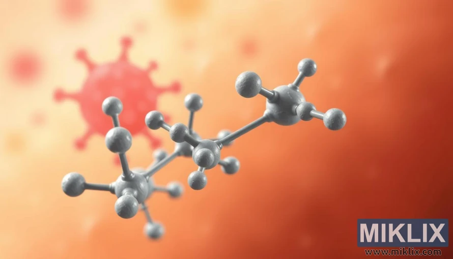 ઝાંખી પૃષ્ઠભૂમિ સાથે L-Lysine પરમાણુઓનો ક્લોઝ-અપ, શૈલીયુક્ત ઠંડા વ્રણના જખમ દર્શાવે છે.