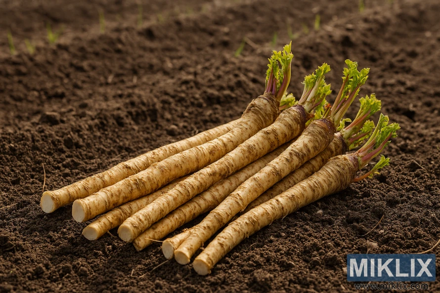 Fresh horseradish roots with green sprouts laid on tilled spring soil