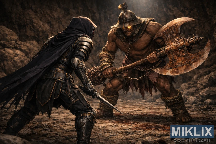 Реалистичен фан-арт на Оцрнетиот во оклоп од црн нож како се соочува со Избезумениот дуелист во темна камена пештера.