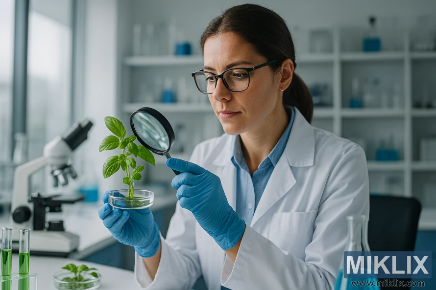 Female scientist inspecting basil plant with magnifying glass in a bright laboratory Female scientist inspecting basil plant with magnifying glass in a bright laboratory