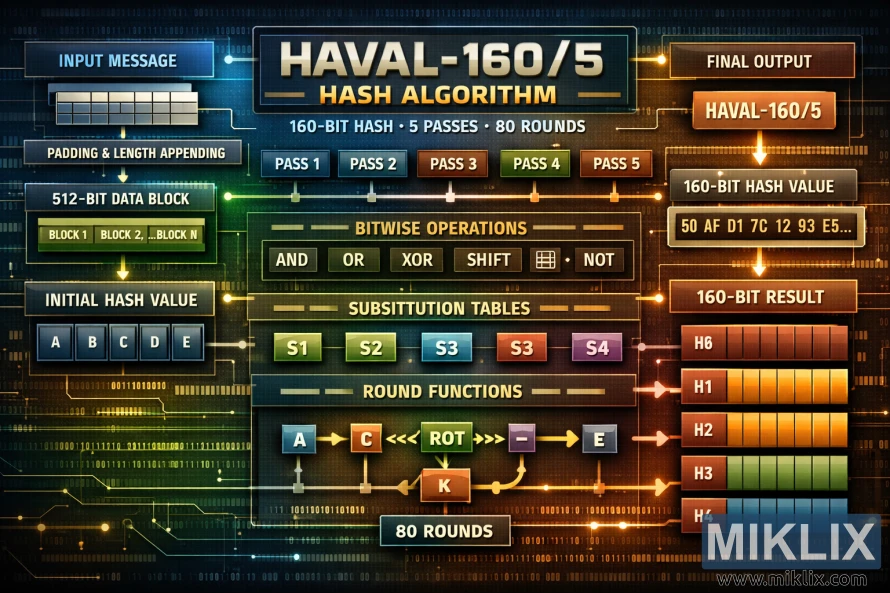 Landscape infographic showing the HAVAL-160/5 hash algorithm with input padding, five passes, bitwise operations, substitution tables, and a 160-bit output.