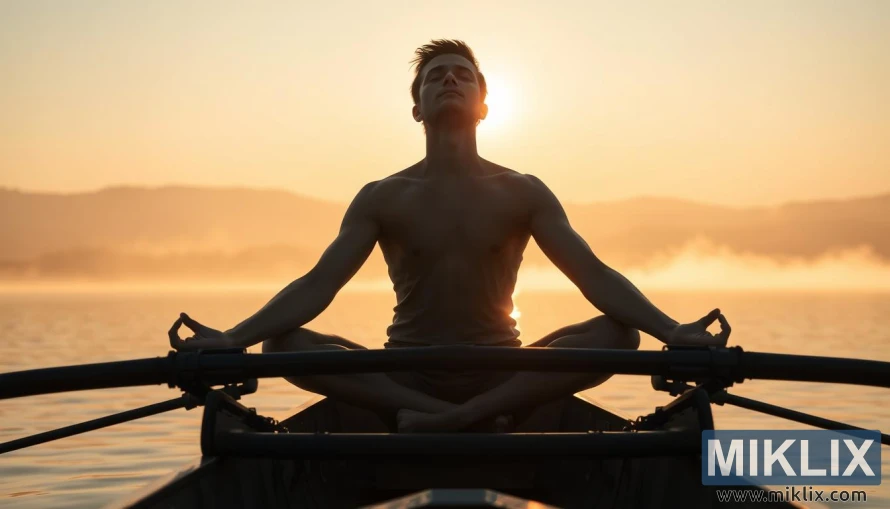 Rower meditating on a calm lake at dawn with golden mist and distant hills. Rower meditating on a calm lake at dawn with golden mist and distant hills.