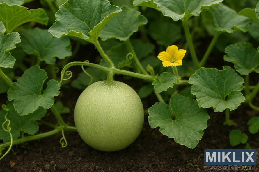 A healthy honeydew melon growing on a vine surrounded by large green leaves and a yellow flower. A healthy honeydew melon growing on a vine surrounded by large green leaves and a yellow flower.