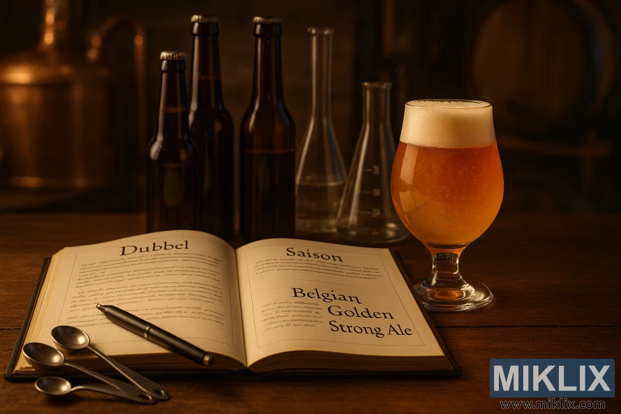 Libro de recetas de cerveza belga abierto sobre una mesa de madera con un vaso de Tripel y herramientas de elaboración bajo una cálida luz rústica.