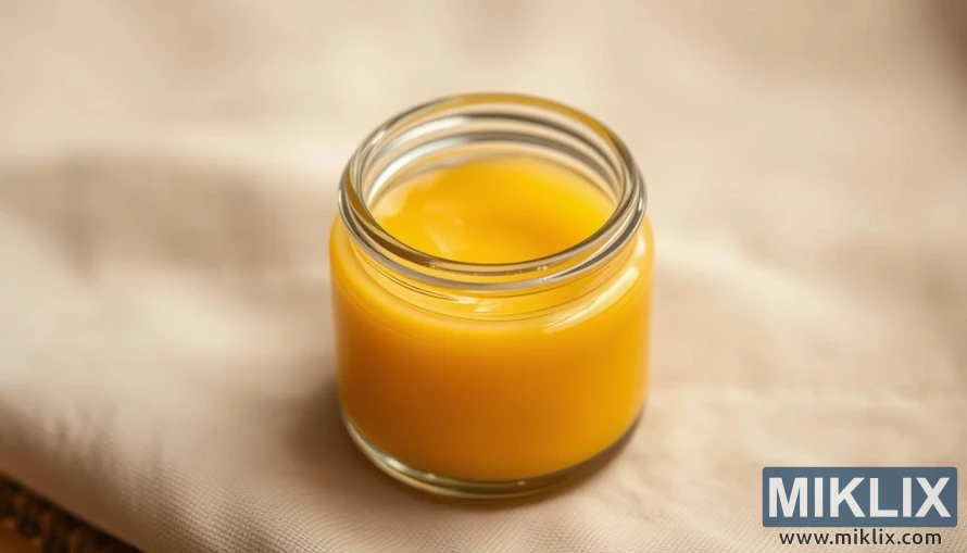 Krupni plan staklene posude ispunjene zlatno-žutim kolostrumom na mekoj pozadini. Krupni plan staklene posude ispunjene zlatno-žutim kolostrumom na mekoj pozadini.