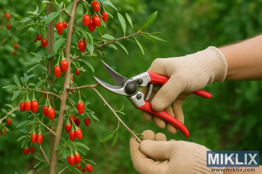 Gardener pruning a goji berry plant with red berries using pruning shears in a green garden.