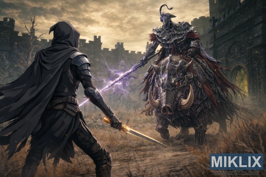 Anime-style fan art of the Tarnished in Black Knife armor facing Commander Gaius mounted on an armored boar in the ruins of Scaduview, moments before combat begins.