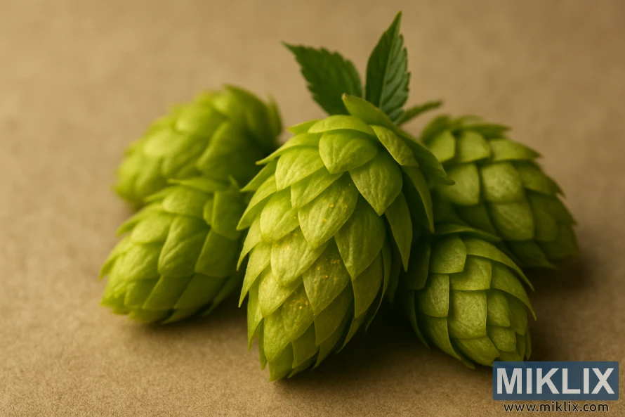 Шинэхэн хураасан Тахома хоп боргоцой нь төвийг сахисан бүтэцтэй дэвсгэр дээр ногоон хаалт, алтан лупулины булчирхайтай. Шинэхэн хураасан Тахома хоп боргоцой нь төвийг сахисан бүтэцтэй дэвсгэр дээр ногоон хаалт, алтан лупулины булчирхайтай.