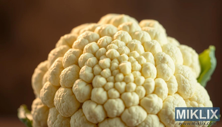 Kichwa safi cha koliflower kilicho na maua meupe meupe katika mwanga wa asili.