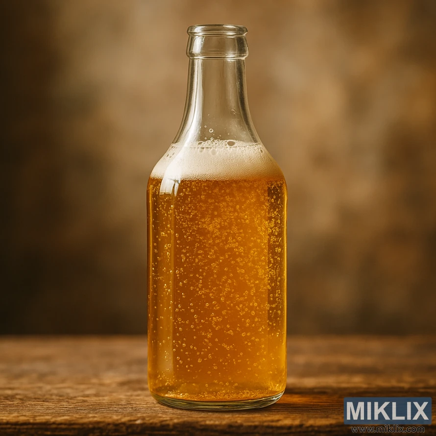 Ampolla de vidre transparent plena de líquid daurat i brillant sobre una superfície rústica de fusta amb una il·luminació de fons càlida i borrosa.