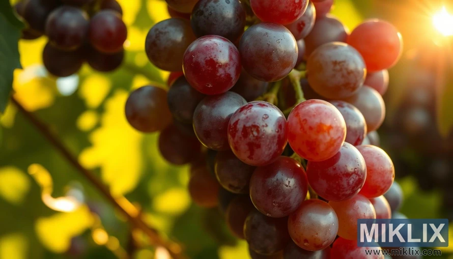 Violetu un zaļu vīnogu tuvplāns, kas mirdz zeltainā saules gaismā zem izplūduša lapu vainaga.