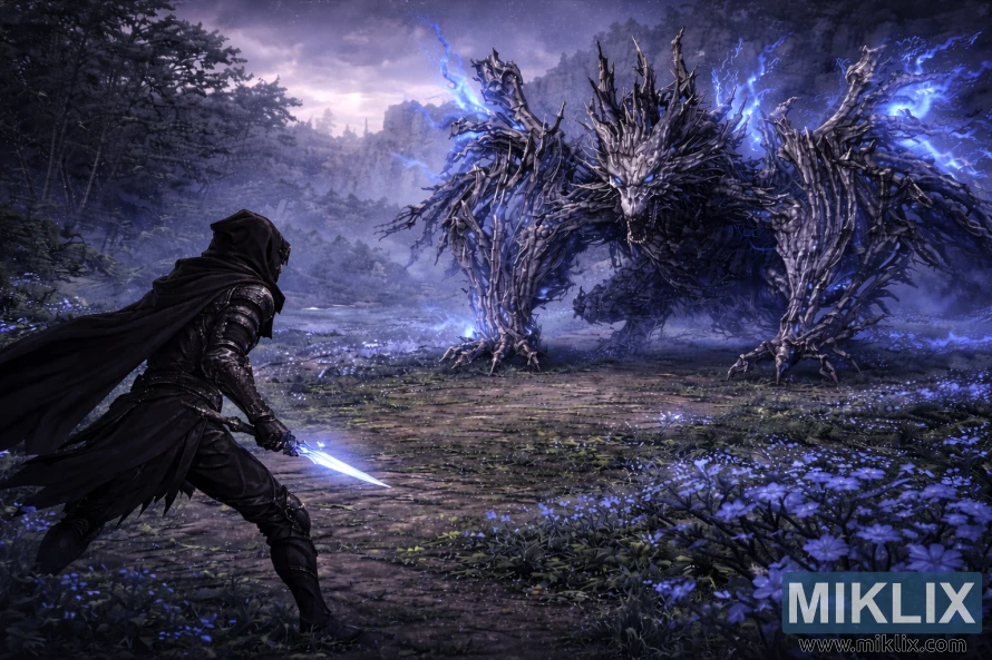 Vidvinkel av rustningen «Tarnished in Black Knife» vendt mot en enorm «Ghostflame Dragon» på den tåkete, ceruleankysten.