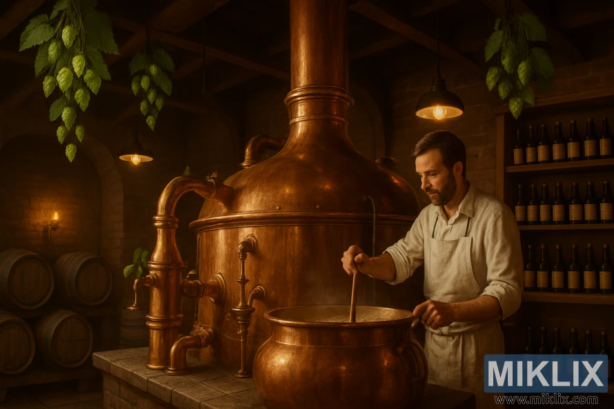 A warm brewhouse interior featuring a large copper kettle, realistic hop vines, and a brewer stirring wort.