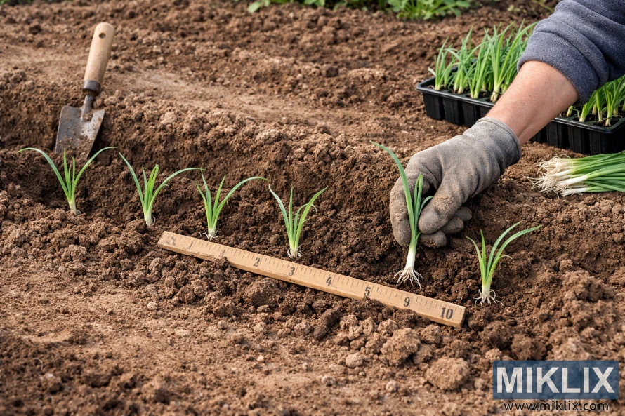 Gardener planting leek seedlings in a soil trench using a measuring stick to ensure proper spacing.
