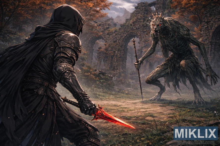 Anime style fan art of the Tarnished in Black Knife armor seen from behind confronting the Demi-Human Queen in ancient forest ruins before battle.