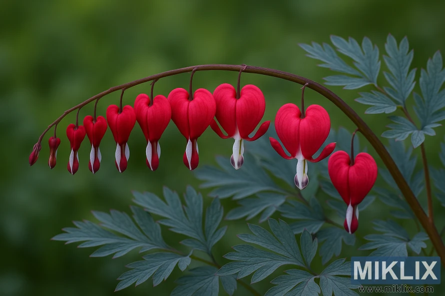 Burning Hearts Bleeding Heart with deep red heart-shaped flowers hanging from a curved reddish stem amid blue-green ferny foliage. Burning Hearts Bleeding Heart with deep red heart-shaped flowers hanging from a curved reddish stem amid blue-green ferny foliage.