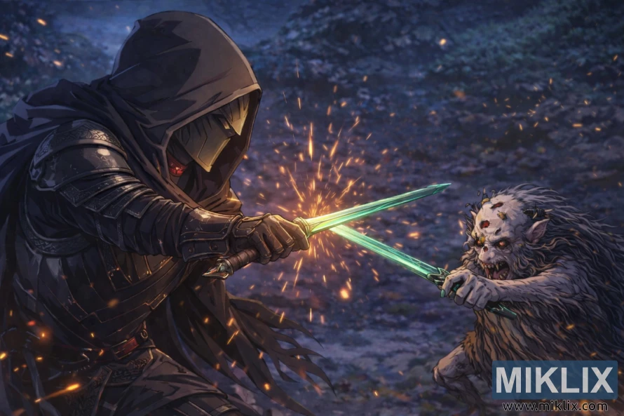 Anime-style illustration of the Tarnished in Black Knife armor dueling the smaller Demi-Human Swordmaster Onze with a glowing bluish sword amid flying sparks in a dark, rocky landscape. Anime-style illustration of the Tarnished in Black Knife armor dueling the smaller Demi-Human Swordmaster Onze with a glowing bluish sword amid flying sparks in a dark, rocky landscape.