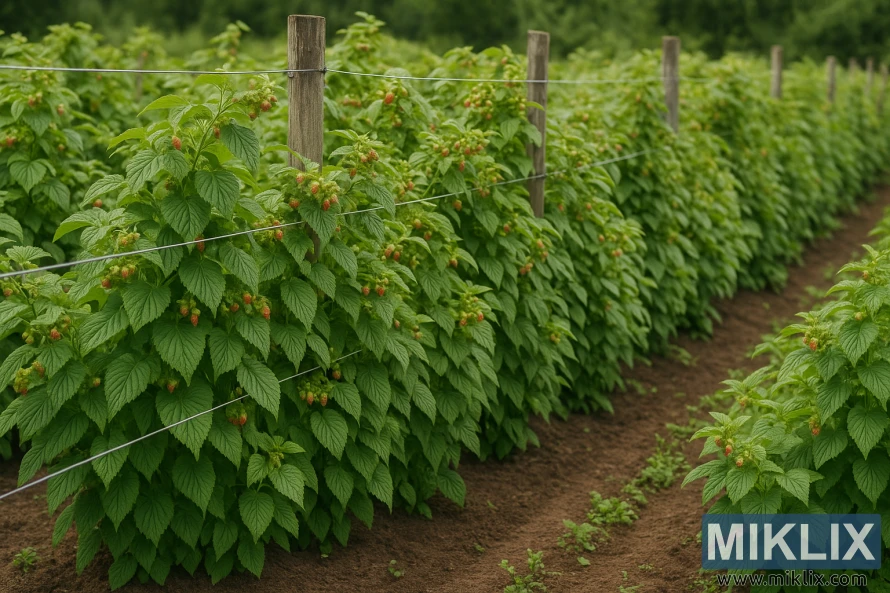 Rows of lush raspberry plants supported by wooden posts and wires in a well-maintained garden.