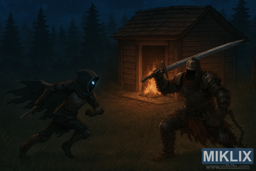 Anime-style isometric battle between Tarnished and Bell-Bearing Hunter outside a firelit shack Anime-style isometric battle between Tarnished and Bell-Bearing Hunter outside a firelit shack