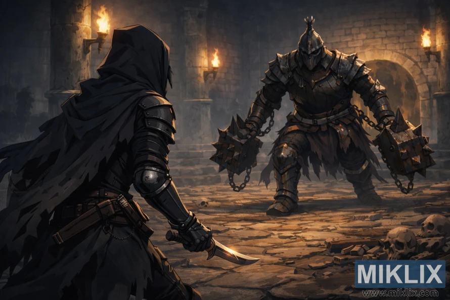 جنگ سے کچھ لمحوں پہلے ٹارچلیٹ مرک واٹر کیٹاکومبس میں گریو وارڈن ڈوئلسٹ کا سامنا کرتے ہوئے پیچھے سے نظر آنے والے داغدار کی anime طرز کی مثال۔