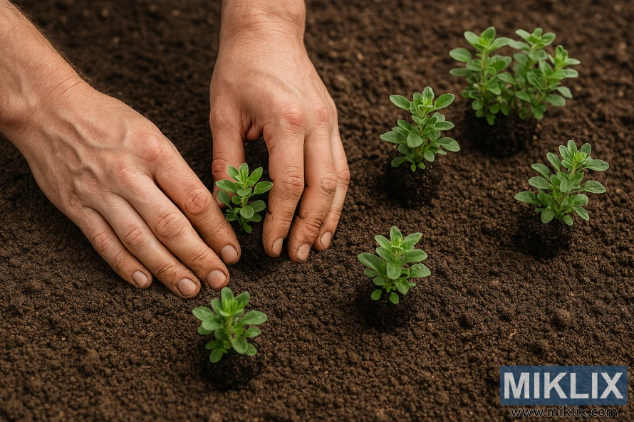 Hands planting marjoram seedlings in garden soil with proper spacing
