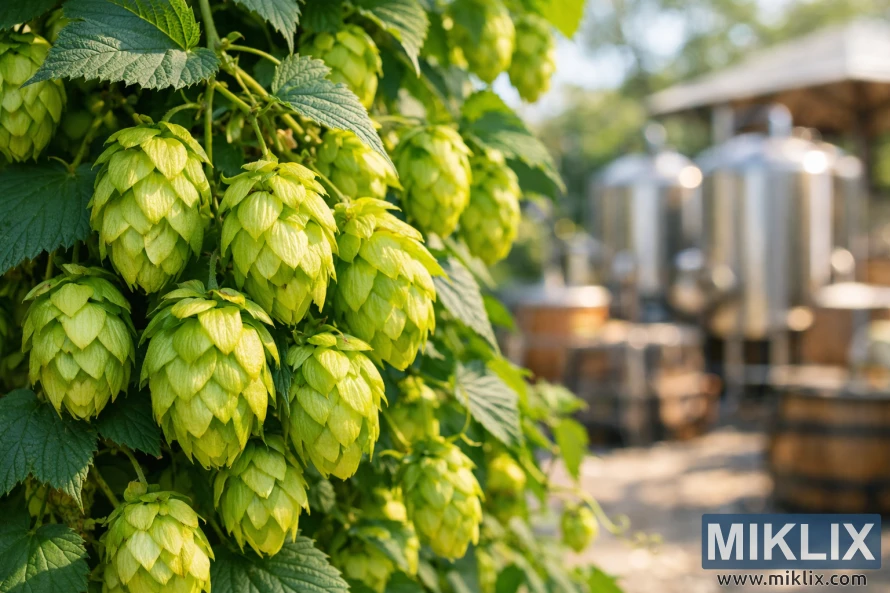 Close-up of fresh green Hersbrucker hop cones on the vine with leaves and a softly blurred outdoor brewery in the background.