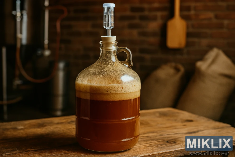 Gilashin carboy mai ƙyalli mai tsami akan tebur ɗin katako na katako a cikin saitin girkin gida Gilashin carboy mai ƙyalli mai tsami akan tebur ɗin katako na katako a cikin saitin girkin gida