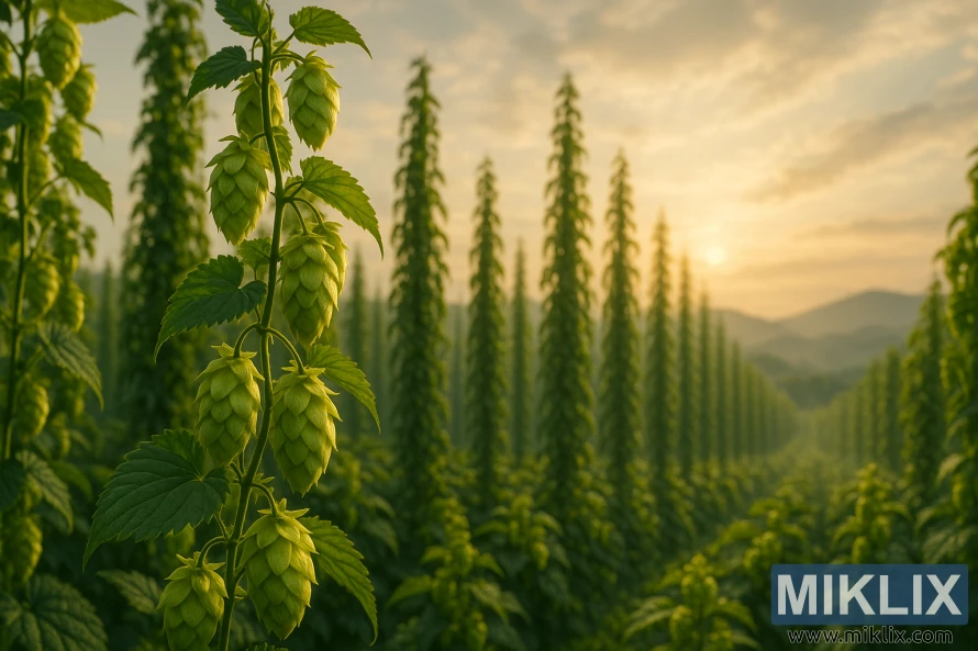 Närbild av Shinshuwase humlekottar i ett solbelyst fält med höga humlekar och avlägsna kullar vid solnedgången.